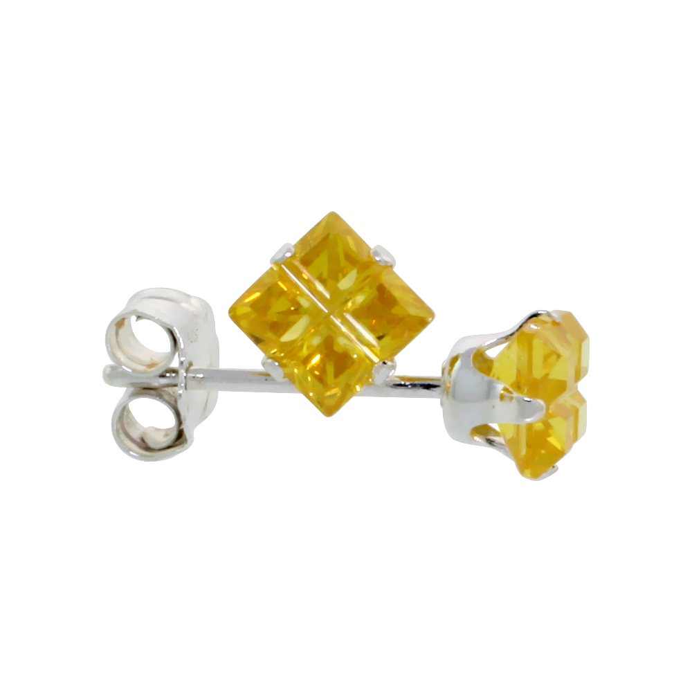 3 Pair Set Sterling Silver Cubic Zirconia Invisible Cut Square Citrine Earrings Studs Yellow 3/4 ct./pr