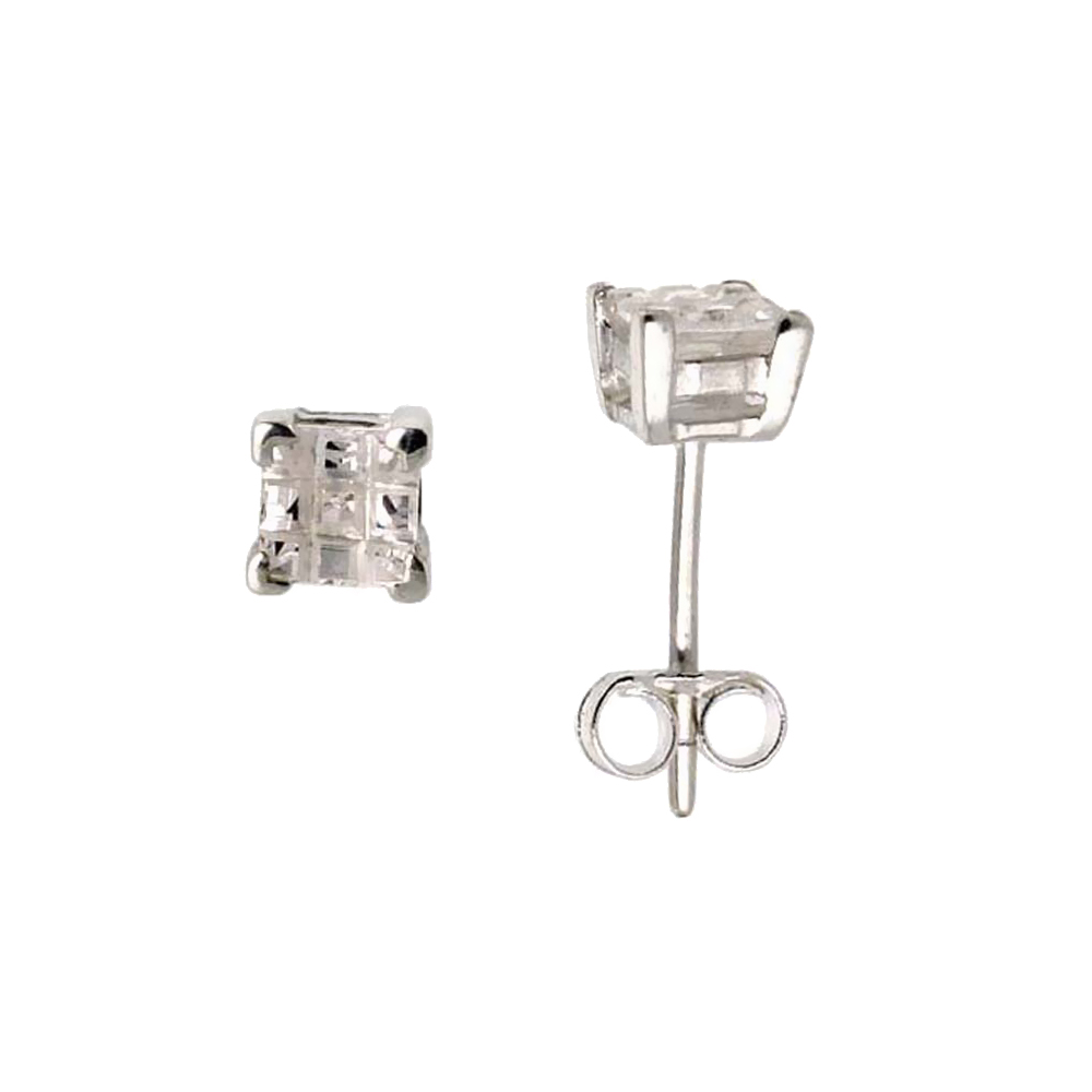 Sterling Silver Cubic Zirconia Invisible Cut Square Earrings Studs 4 mm Basket Set 1/3 ct./pr