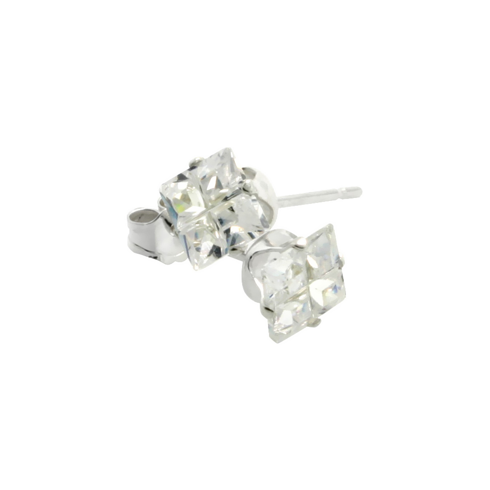 Sterling Silver Cubic Zirconia Invisible Cut Square Earrings Studs 5 mm 4 Prong 1.5 ct./pr
