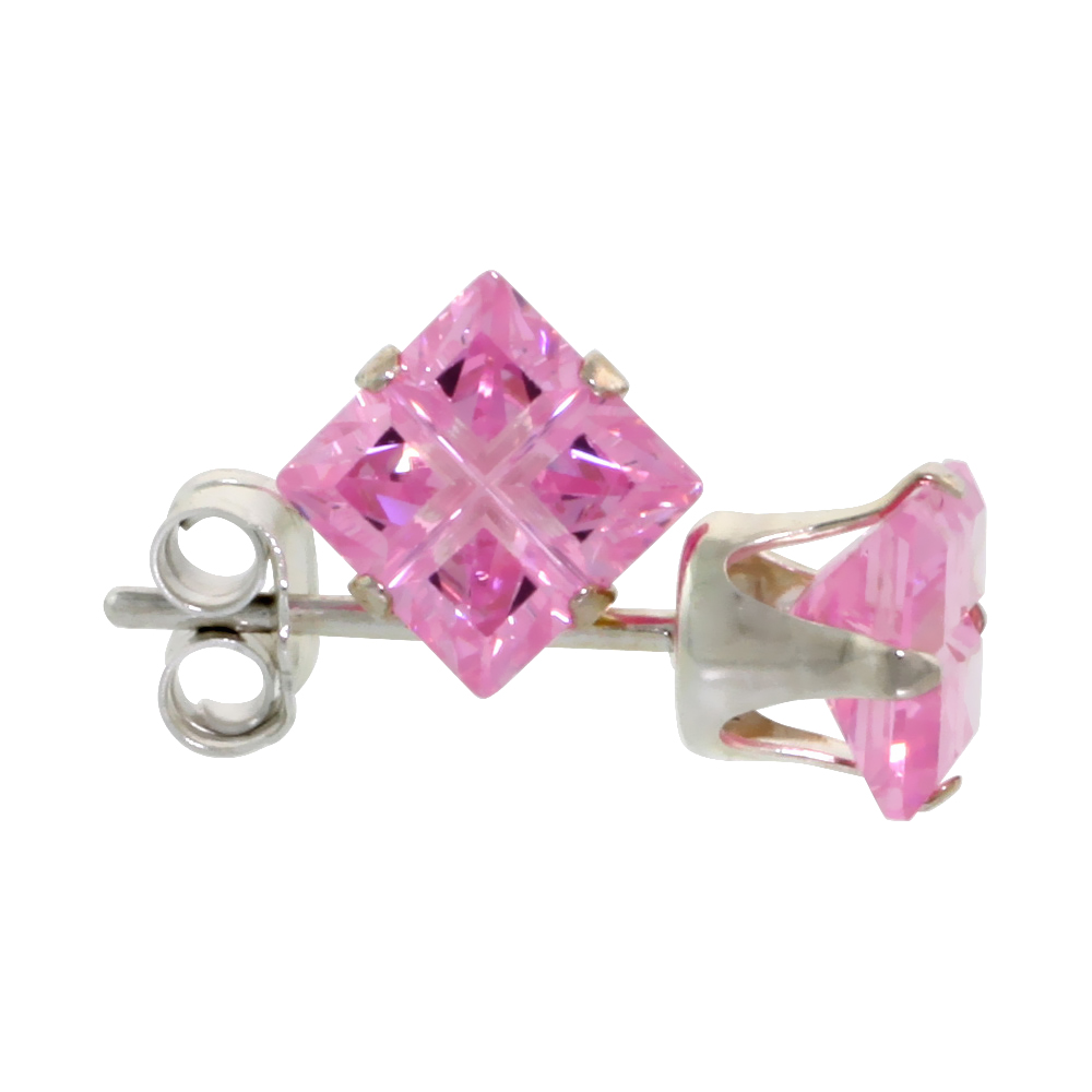 3 Pair Set Sterling Silver Cubic Zirconia Invisible Cut Square Pink Earrings Studs 1.5 ct./pr