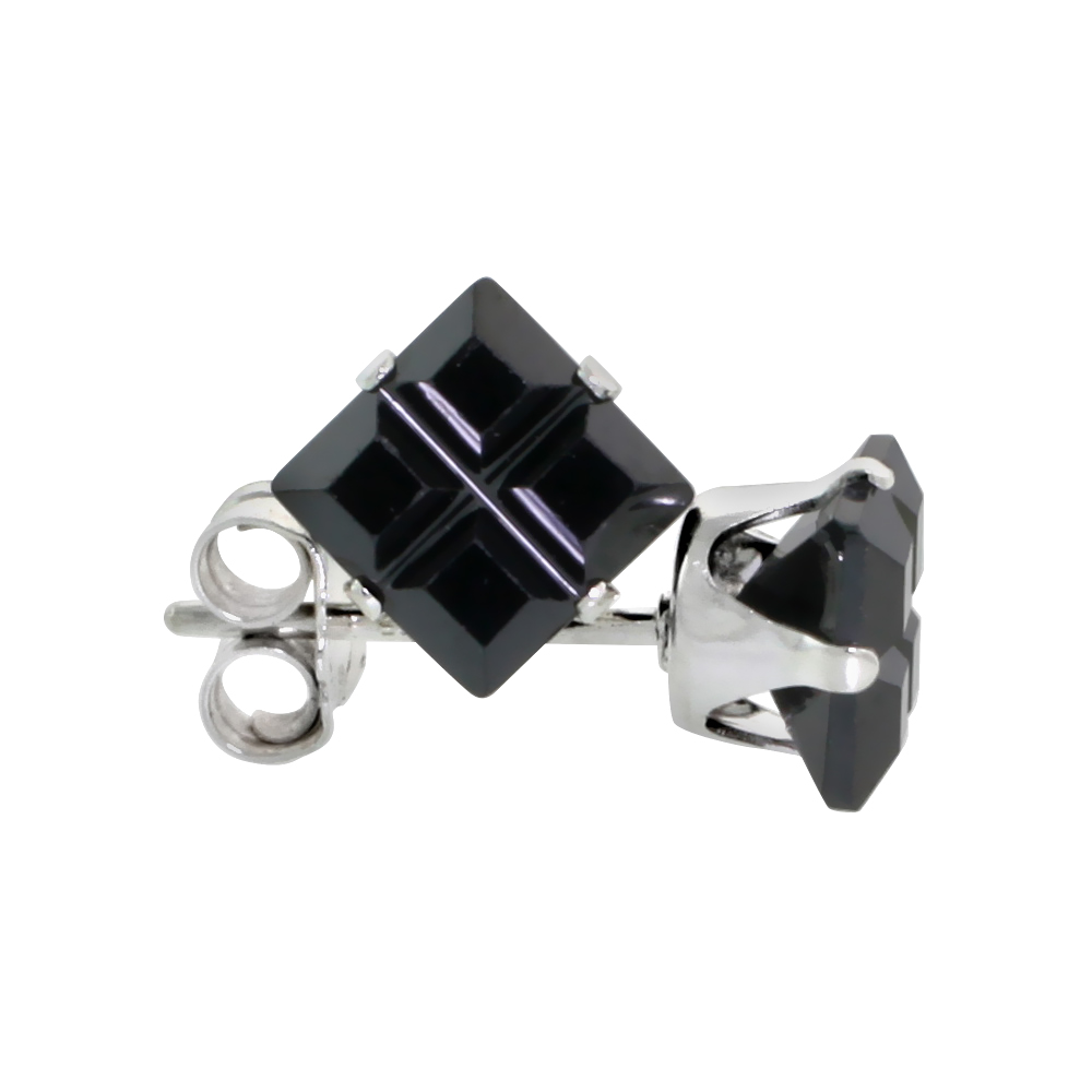 3 Pair Set Sterling Silver Cubic Zirconia Invisible Cut Square Black Earrings Studs 1.5 ct./pr