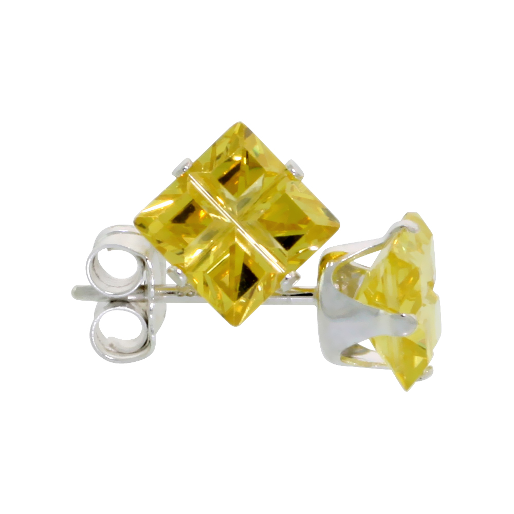 3 Pair Set Sterling Silver Cubic Zirconia Invisible Cut Square Citrine Earrings Studs Yellow 1.5 ct./pr