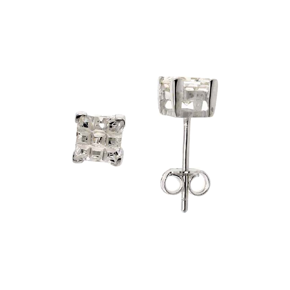 Sterling Silver Cubic Zirconia Invisible Cut Square Earrings Studs 5 mm Basket Set 1.5 ct./pr