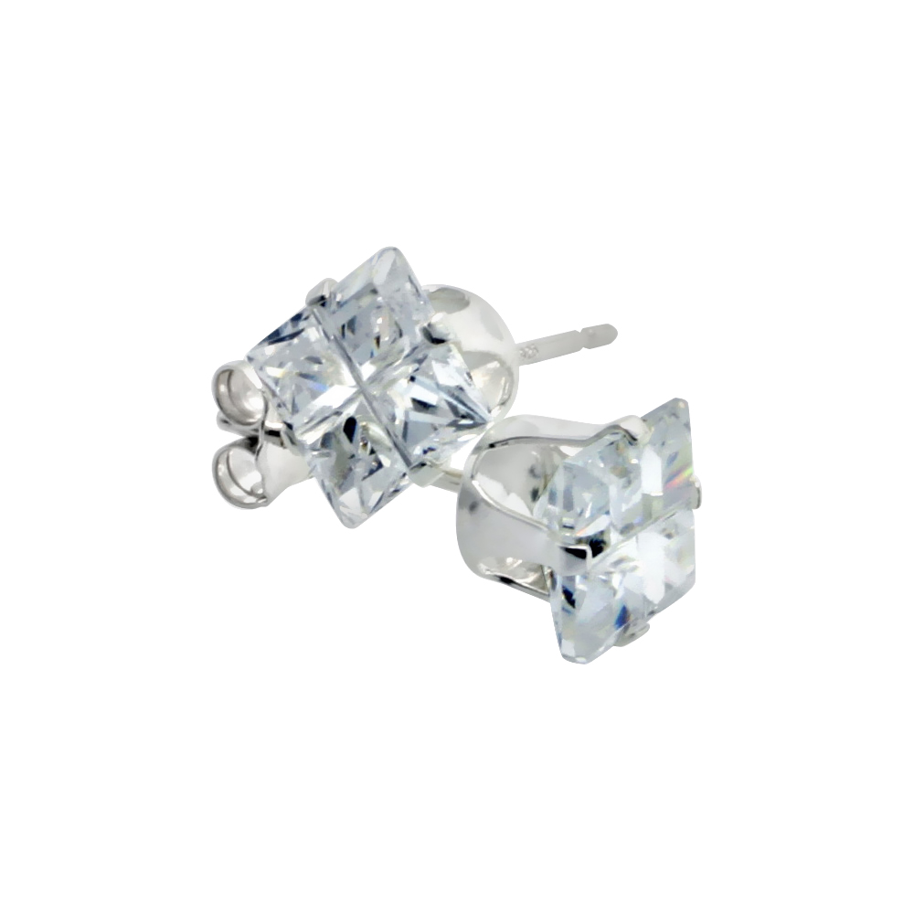 3 Pair Set Sterling Silver Cubic Zirconia Invisible Cut Square Earrings Studs 6 mm 4 Prong 2.5 ct./pr