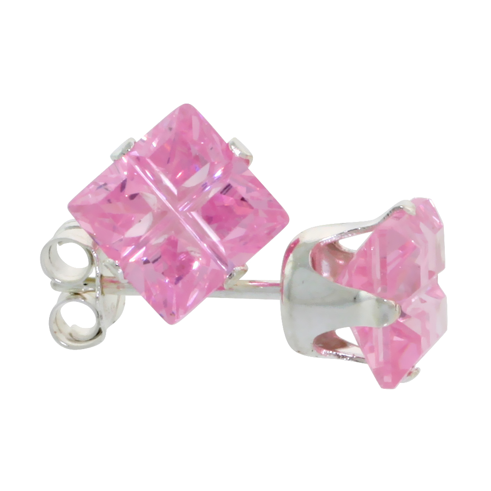 3 Pair Set Sterling Silver Cubic Zirconia Invisible Cut Square Pink Earrings Studs 2.5 ct./pr