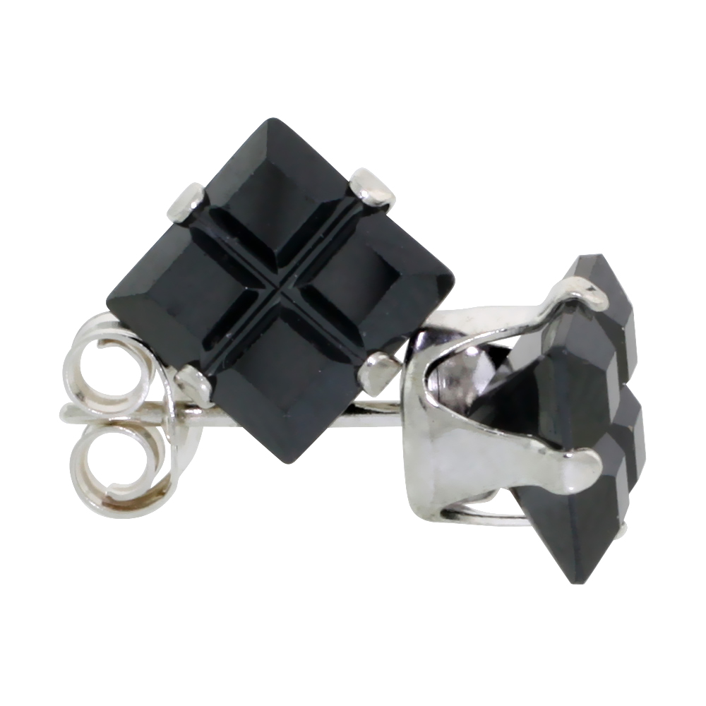3 Pair Set Sterling Silver Cubic Zirconia Invisible Cut Square Black Earrings Studs 2.5 ct./pr