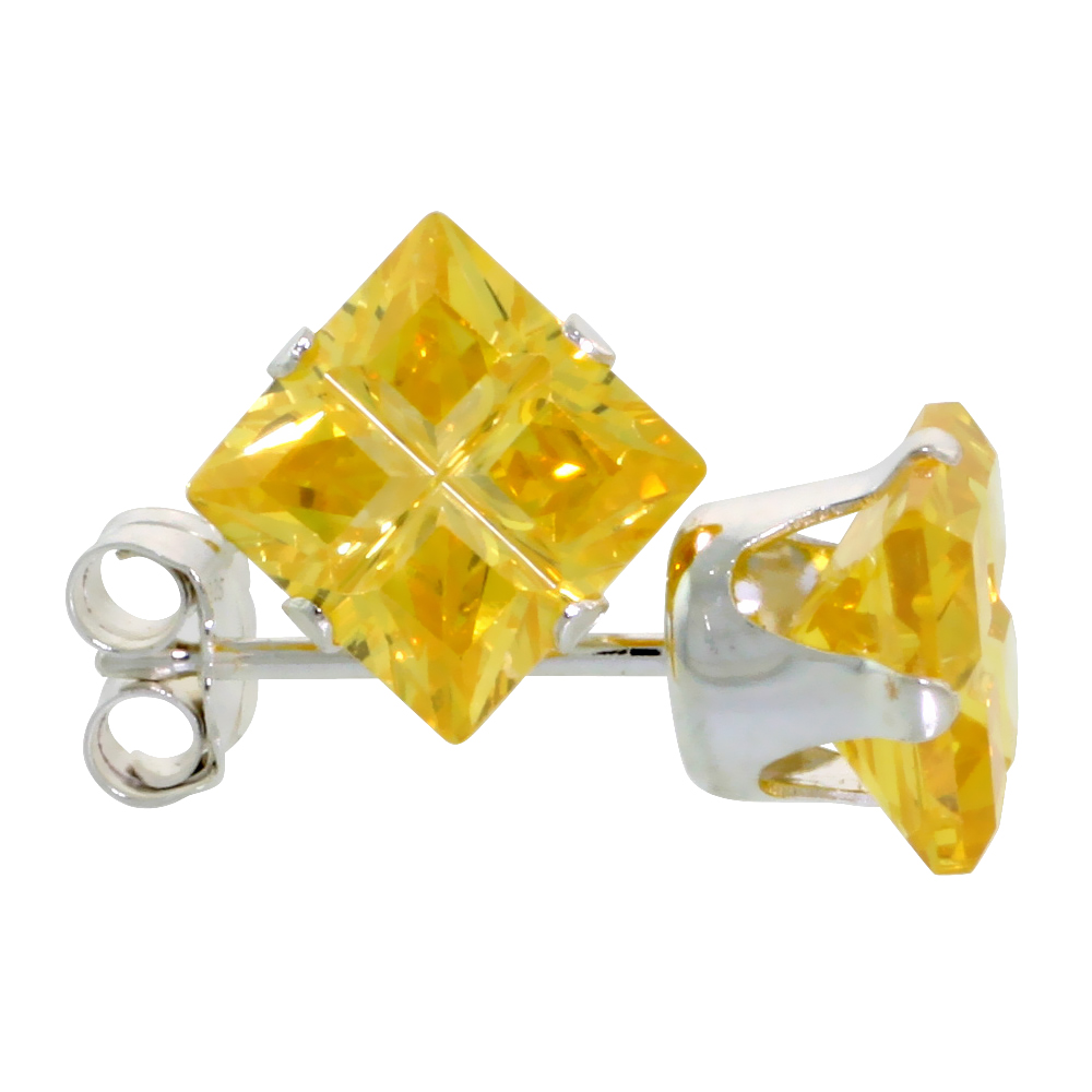3 Pair Set Sterling Silver Cubic Zirconia Invisible Cut Square Citrine Earrings Studs Yellow 2.5 ct./pr