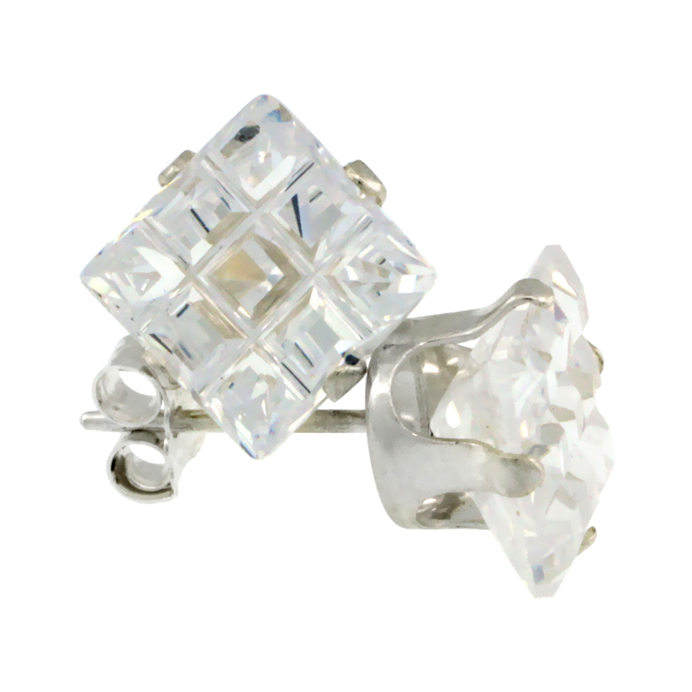 3 Pair Set Sterling Silver Cubic Zirconia Invisible Cut Square Earrings Studs 7 mm 4 Prong 4 ct./pr