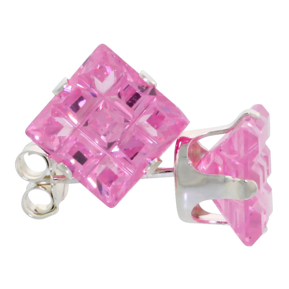 3 Pair Set Sterling Silver Cubic Zirconia Invisible Cut Square Pink Earrings Studs 4 ct./pr
