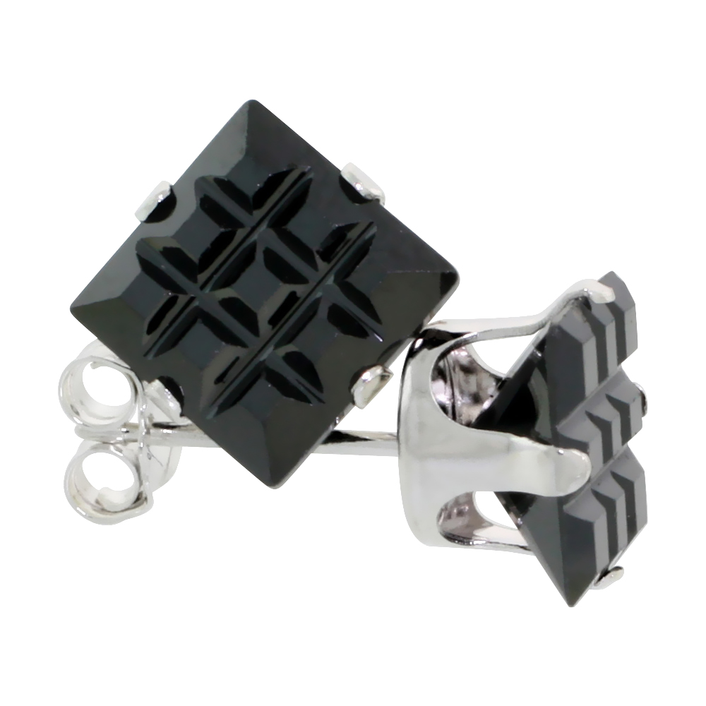 3 Pair Set Sterling Silver Cubic Zirconia Invisible Cut Square Black Earrings Studs 4 ct./pr