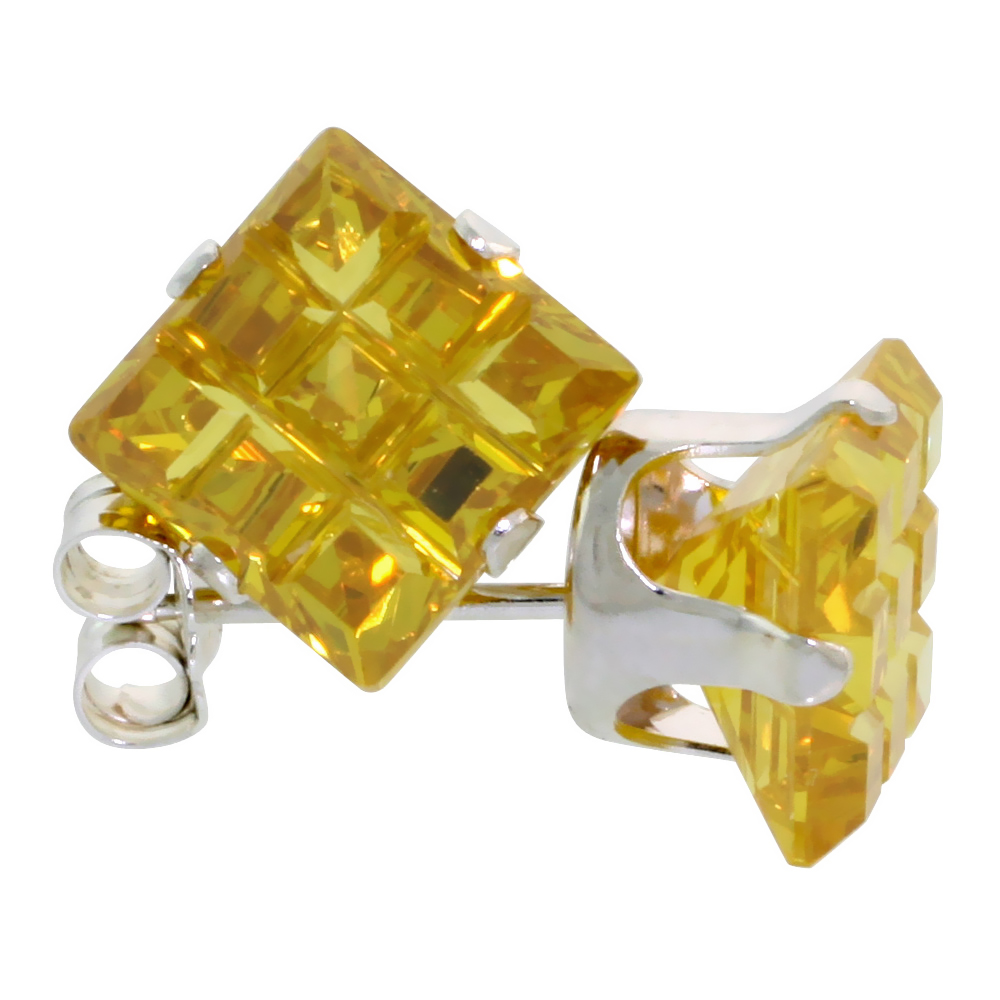 3 Pair Set Sterling Silver Cubic Zirconia Invisible Cut Square Citrine Earrings Studs Yellow 4 ct./pr