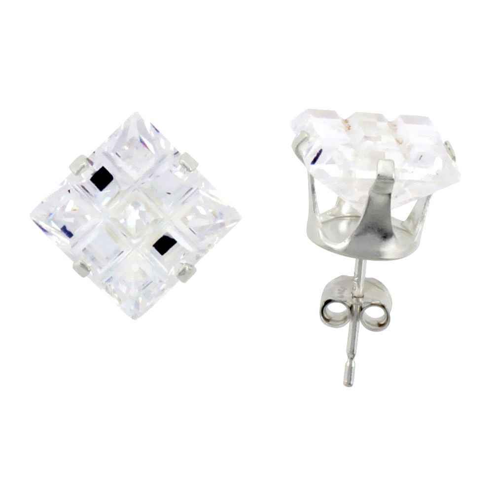3 Pair Set Sterling Silver Cubic Zirconia Invisible Cut Square Earrings Studs 8 mm 4 Prong 6 ct./pr