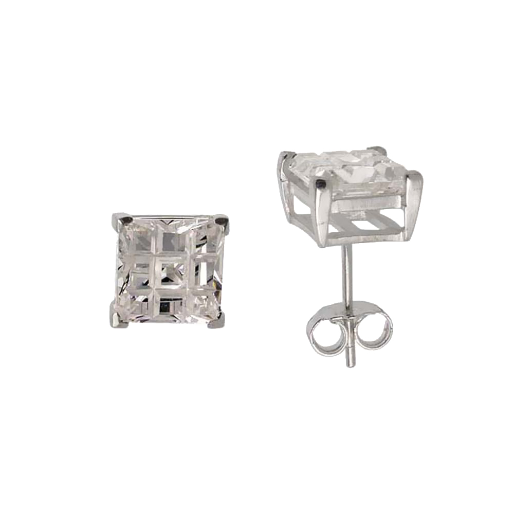 Sterling Silver Cubic Zirconia Invisible Cut Square Earrings Studs 8 mm Basket Set 6 ct./pr