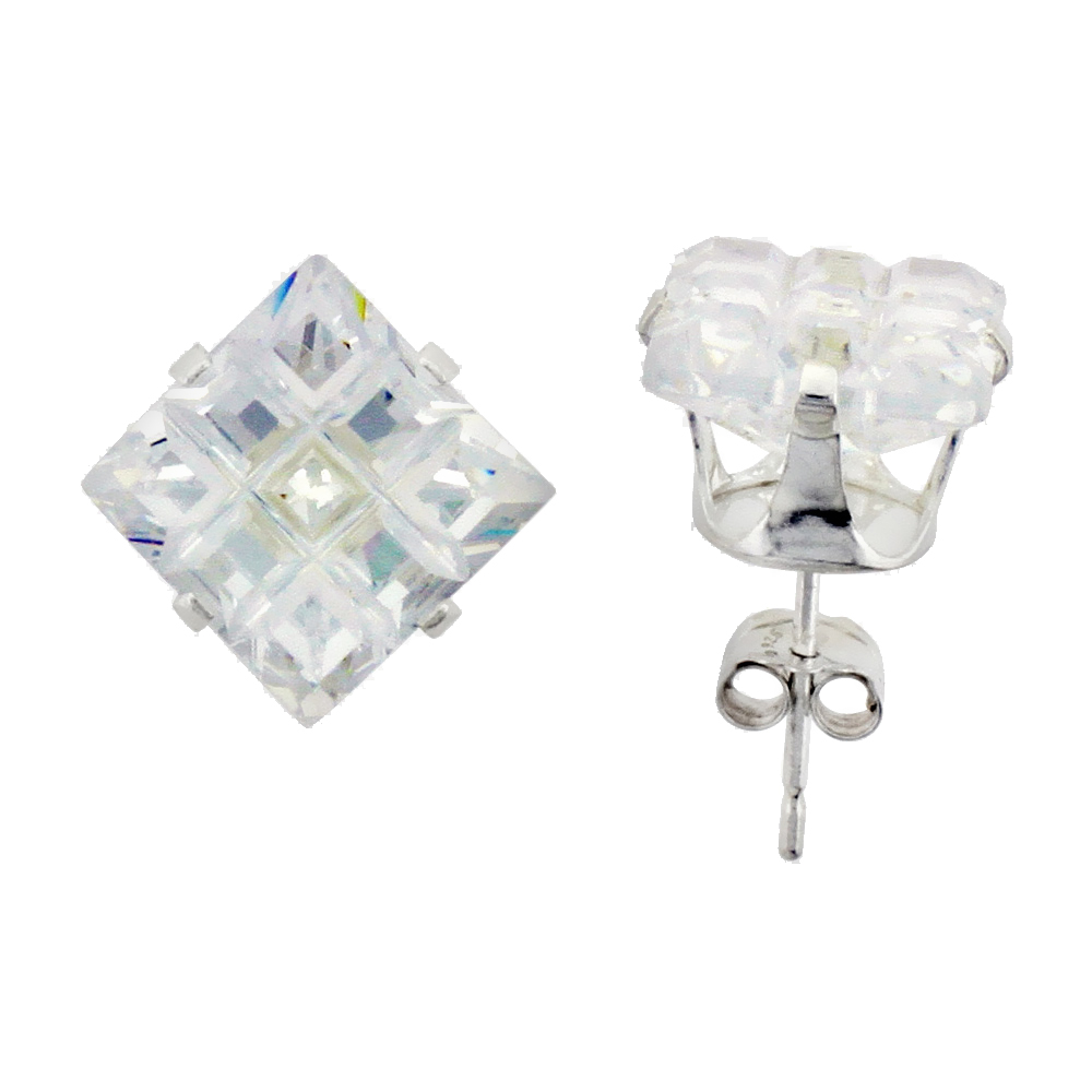 10 Pair Set Sterling Silver Cubic Zirconia Invisible Cut Square Earrings Studs 9 mm 4 Prong 8 ct./pr