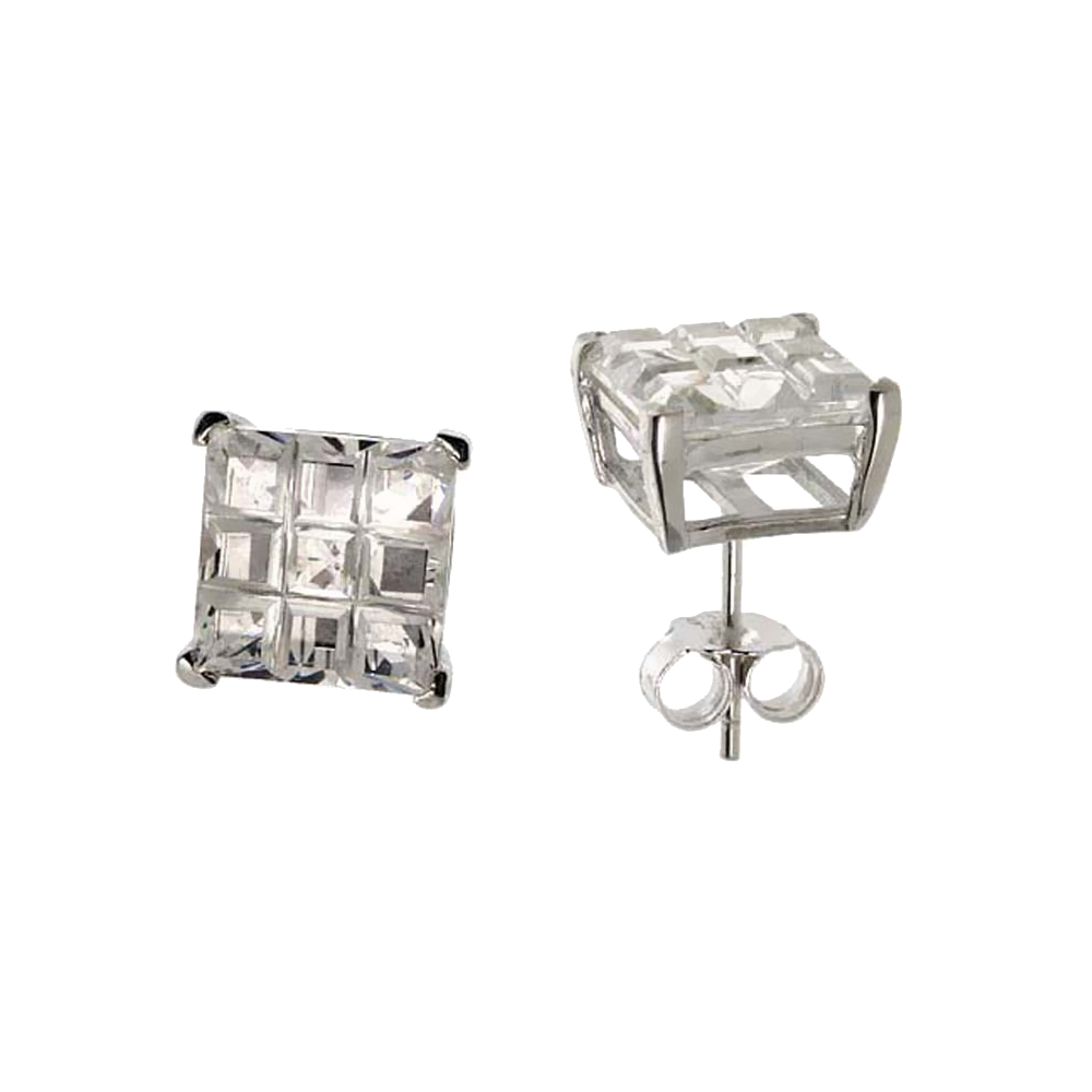 Sterling Silver Cubic Zirconia Invisible Cut Square Earrings Studs 9 mm Basket Set 8 ct./pr