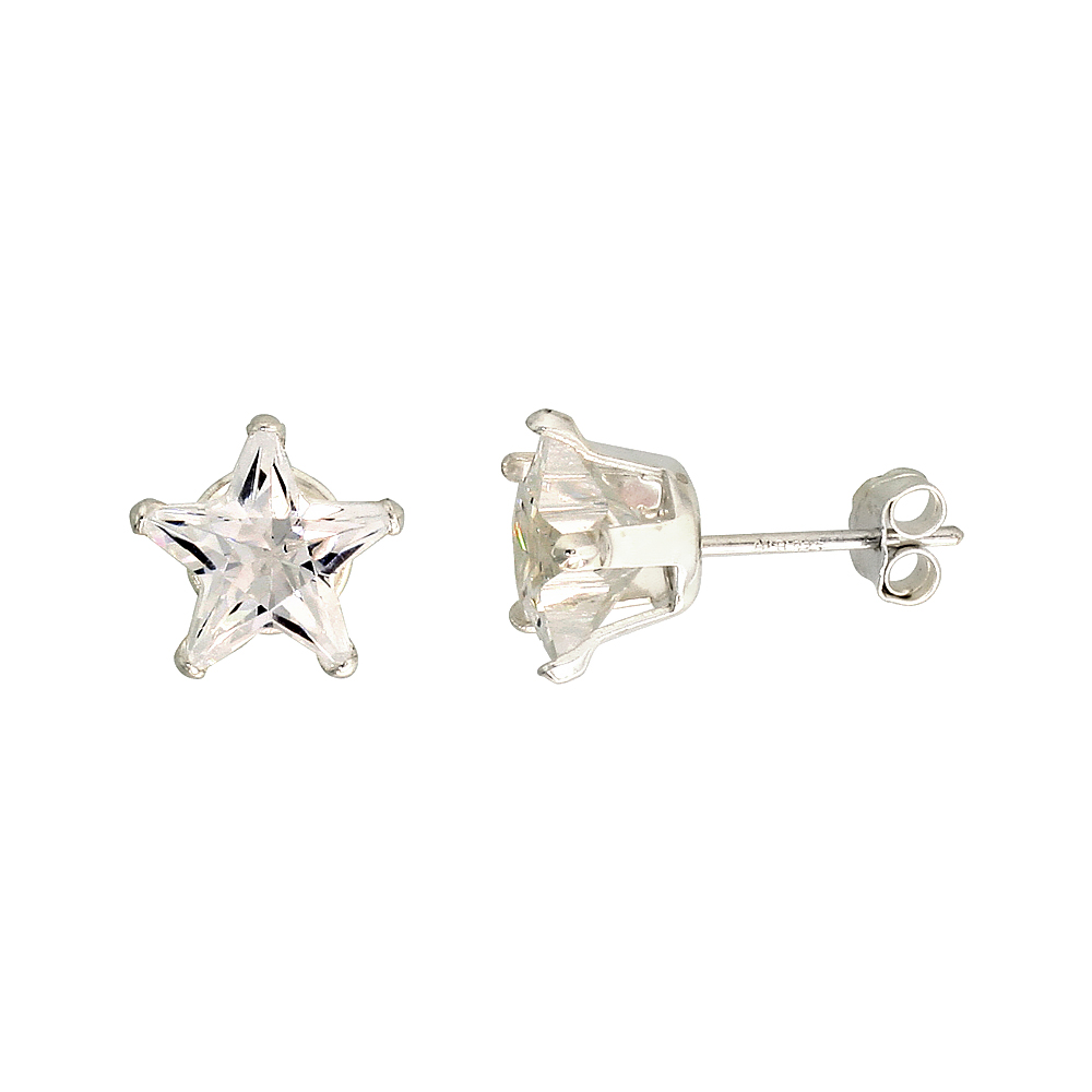 Sterling Silver Cubic Zirconia Star Earrings Studs 8 mm
