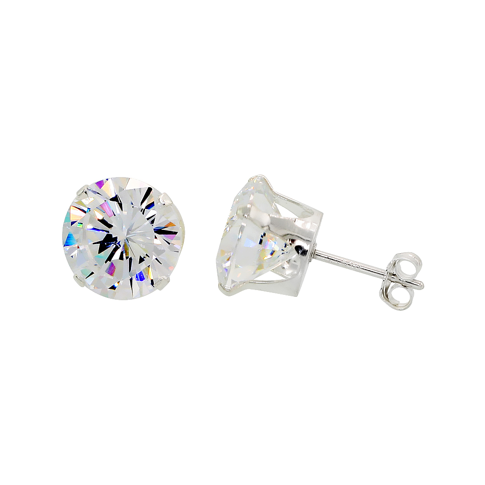 3 Pair Set Sterling Silver Cubic Zirconia Earrings Studs 10 mm 4 prong 8 carat/pair