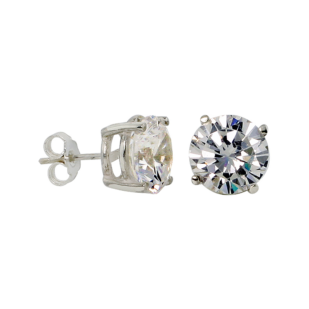 Sterling Silver Cubic Zirconia Earrings Studs 10 mm Basket Setting 8 carat/pr