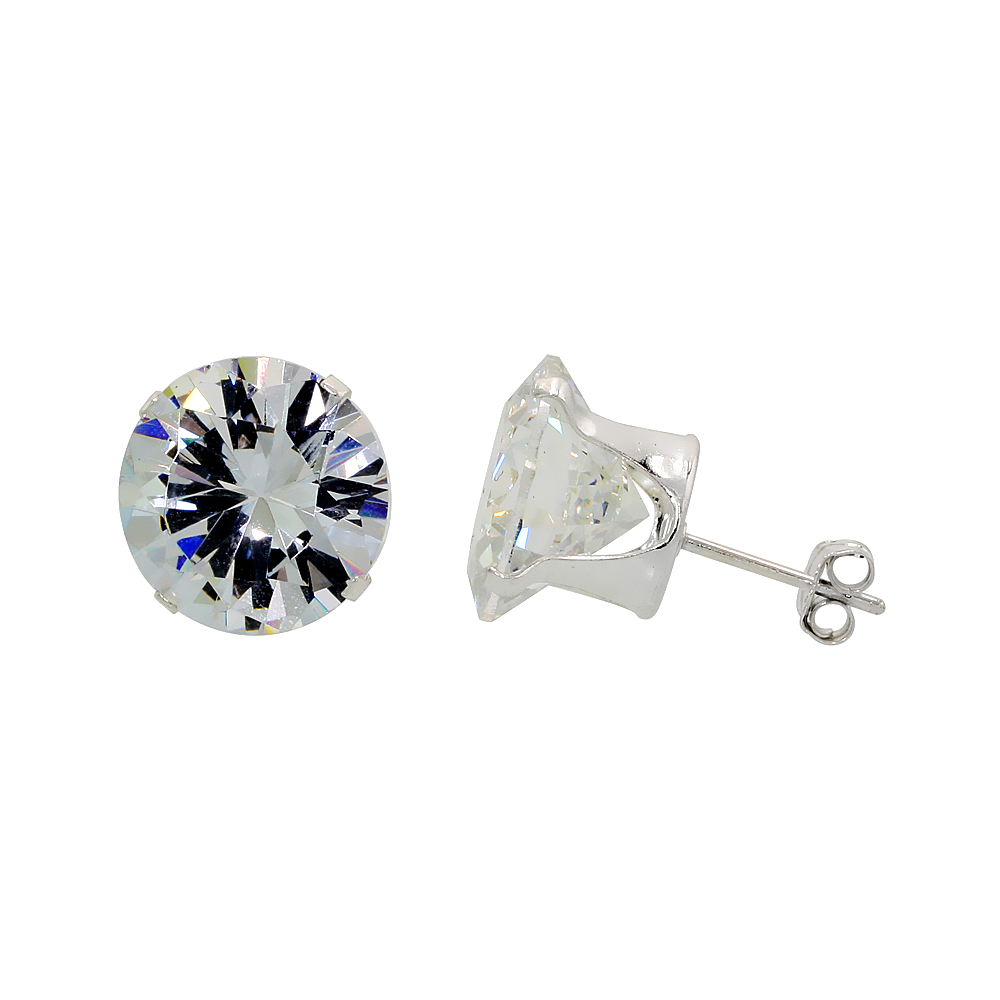 3 Pair Set Sterling Silver Cubic Zirconia Earrings Studs 12 mm 4 prong 14 carat/pair