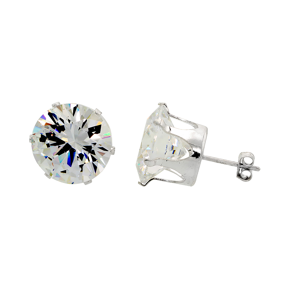 3 Pair Set Sterling Silver Cubic Zirconia Earrings Studs 13 mm 4 prong 17 carat/pair