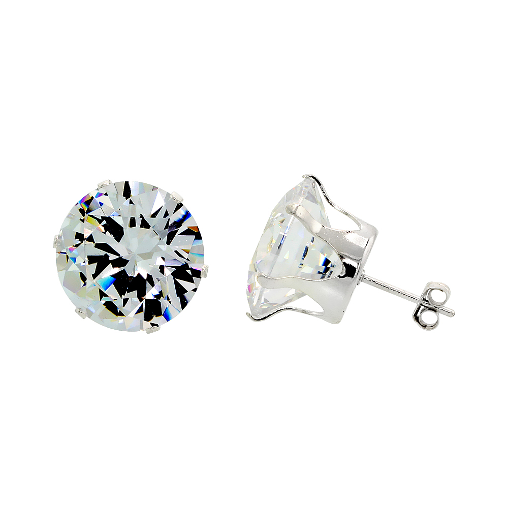3 Pair Set Sterling Silver Cubic Zirconia Earrings Studs 14 mm 4 prong 21 carat/pair