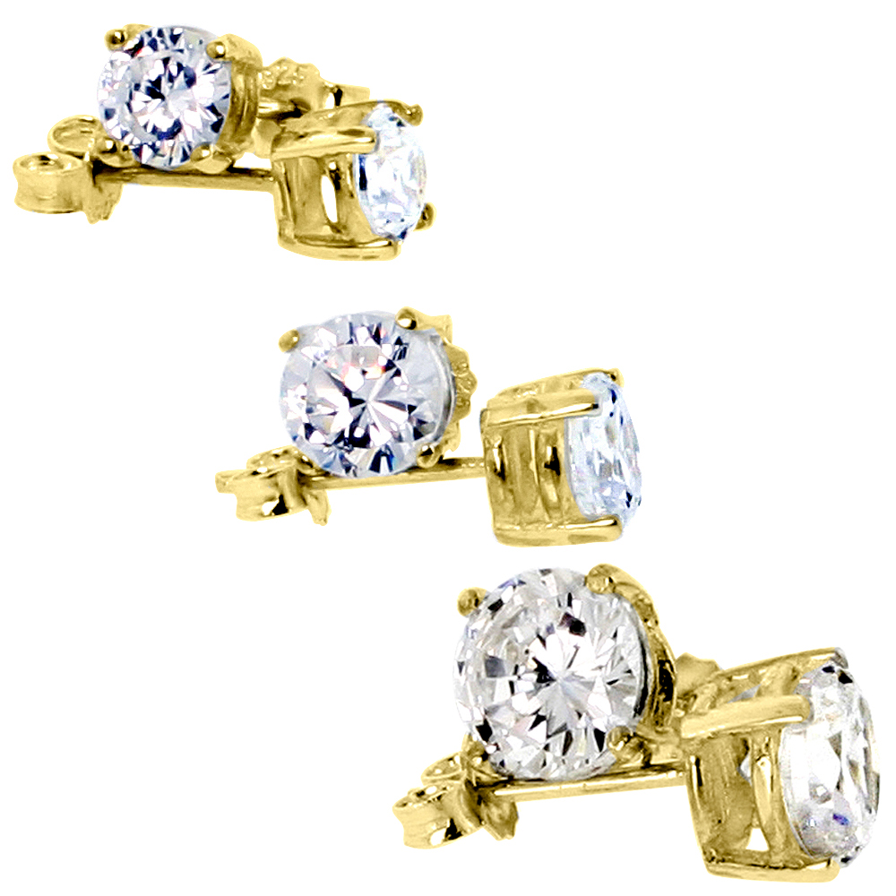 3-Pairs Gold Plated Sterling Silver 5, 6 & 7mm Cubic Zirconia Stud Earrings Basket Setting