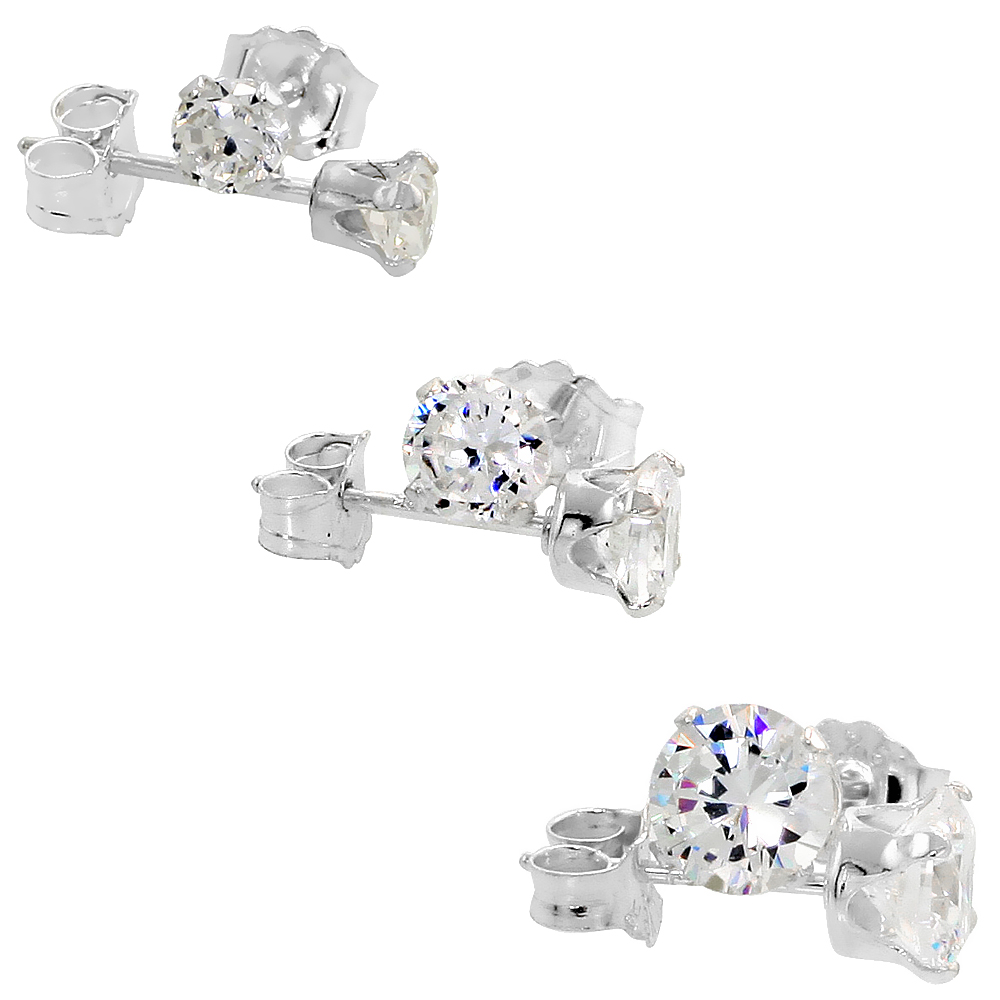 3 Pair Set Sterling Silver Cubic Zirconia Earrings Studs 3, 4 and 5mm