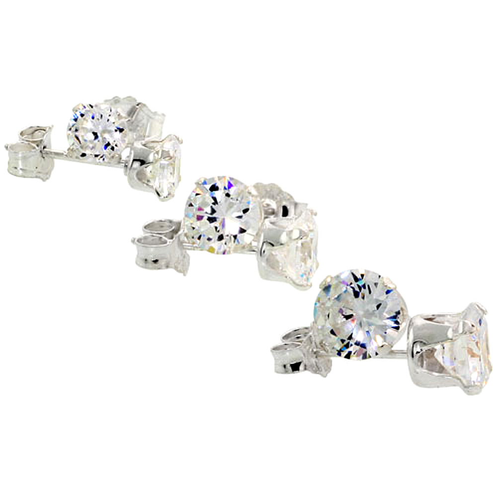 3 Pair Set Sterling Silver Cubic Zirconia Earrings Studs 4, 5 and 6mm