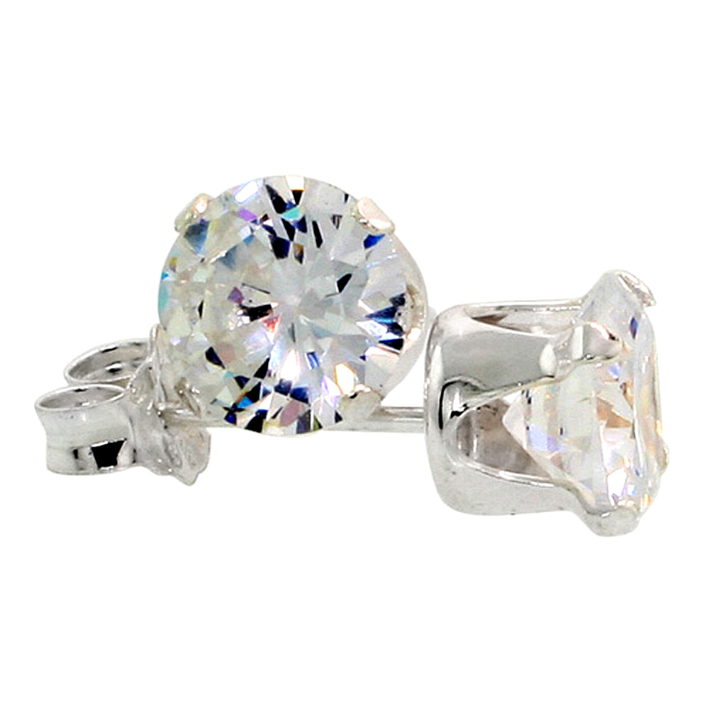 Sterling Silver Cubic Zirconia Earrings Studs 6 mm Round Brilliant Cut White Color 2 carat/pair