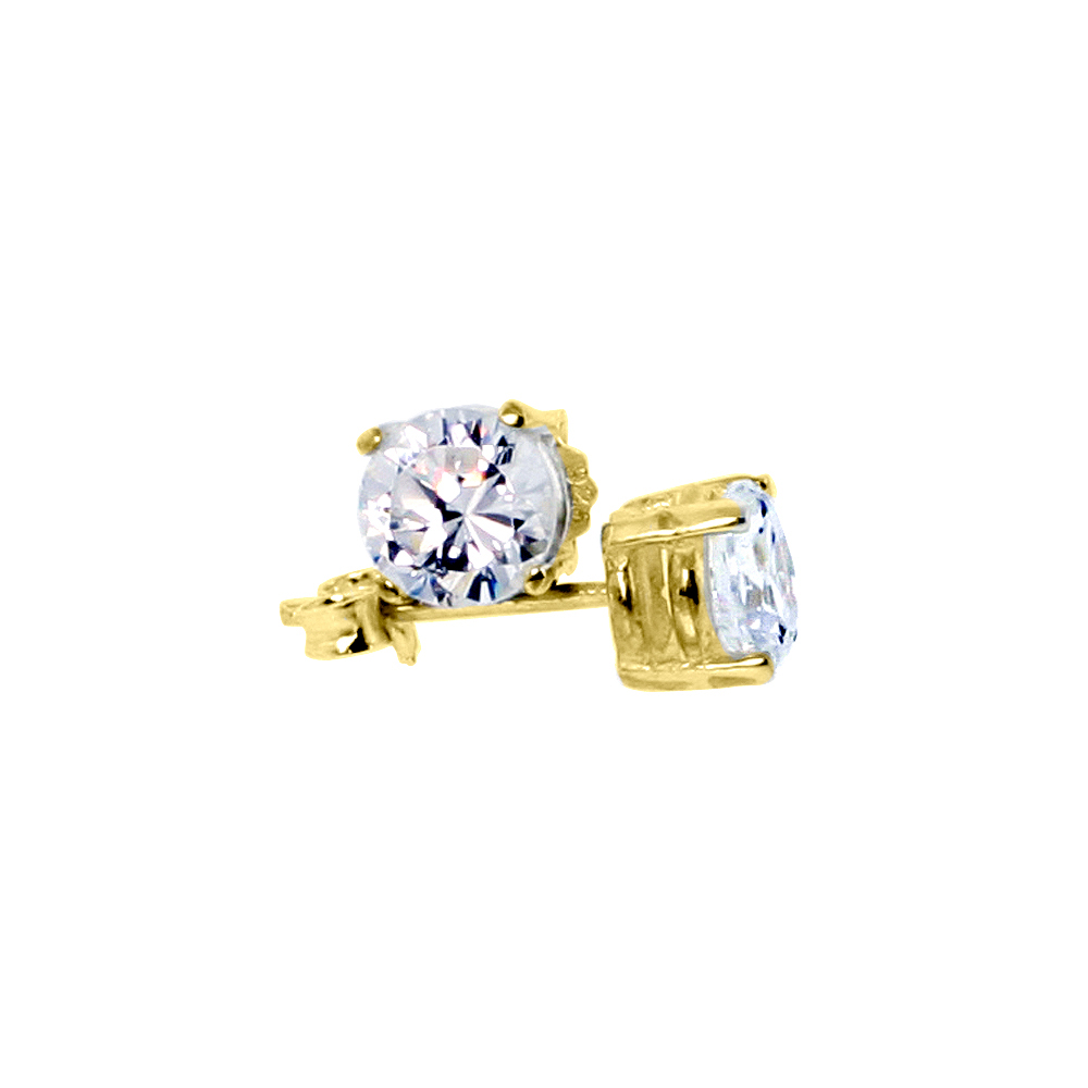Gold Plated Sterling Silver 6mm Cubic Zirconia Stud Earrings Basket Setting 2 carat/pr
