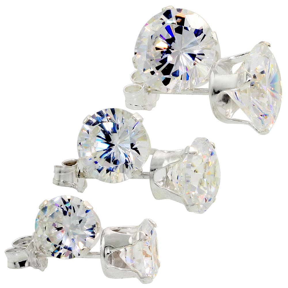 3 Pair Set Sterling Silver Cubic Zirconia Earrings Studs 6, 7 and 8mm