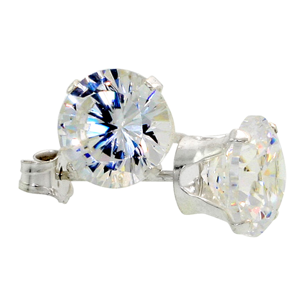 3 Pair Set Sterling Silver Cubic Zirconia Earrings Studs 7 mm 4 prong 2.5 carats/pair