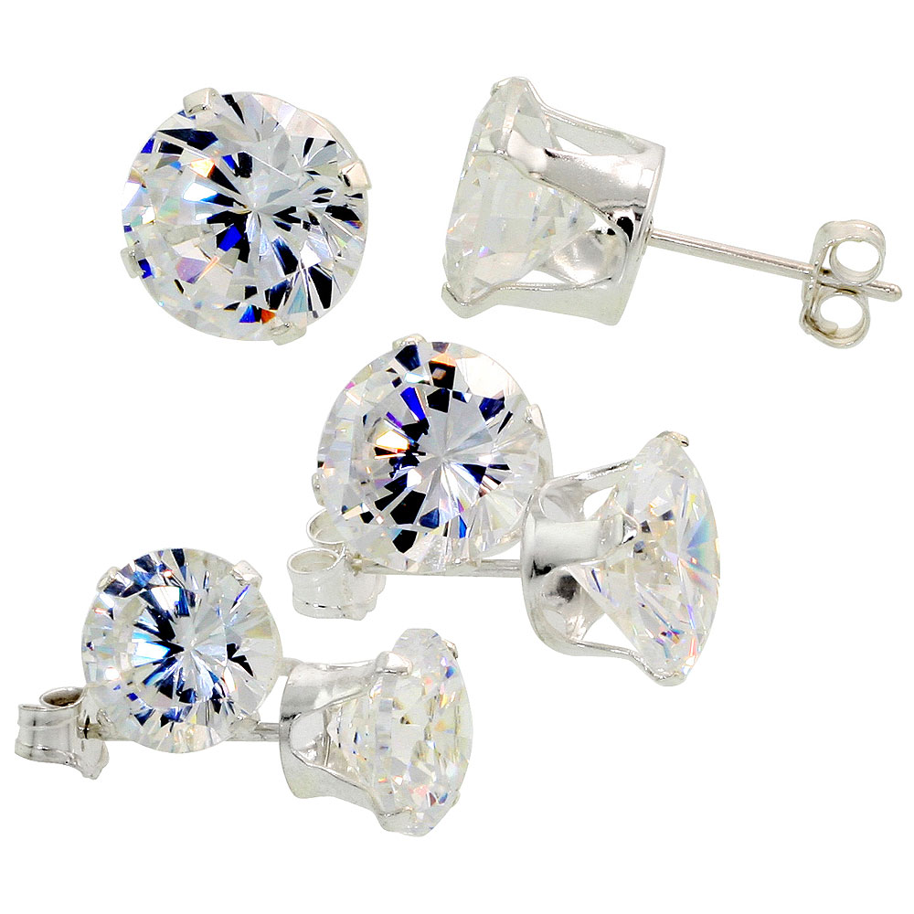 3 Pair Set Sterling Silver Cubic Zirconia Earrings Studs 7, 8 and 9mm