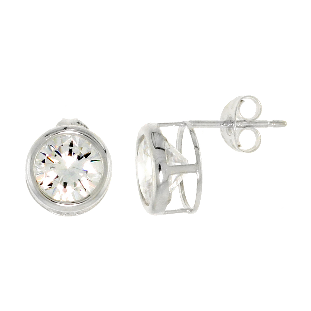 Sterling Silver Cubic Zirconia Earrings Studs 8 mm Bezel Set 4 carat/pr