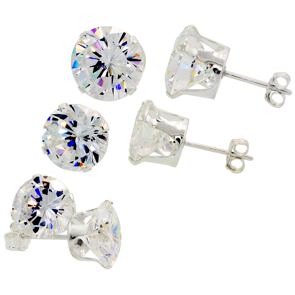 3 Pair Set Sterling Silver Cubic Zirconia Earrings Studs 8, 9 and 10mm