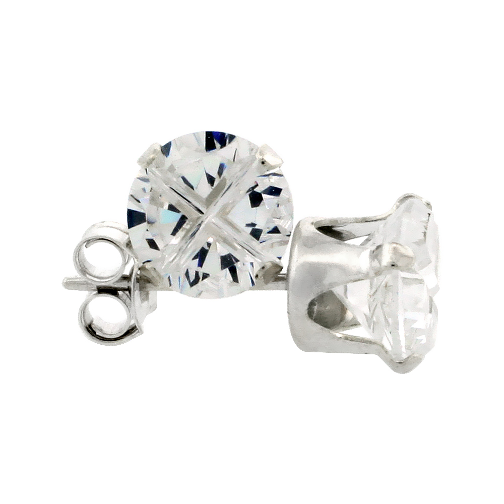 3 Pair Set Sterling Silver Cubic Zirconia Earrings Studs 6 mm Round Invisible Cut 2 carat/pair