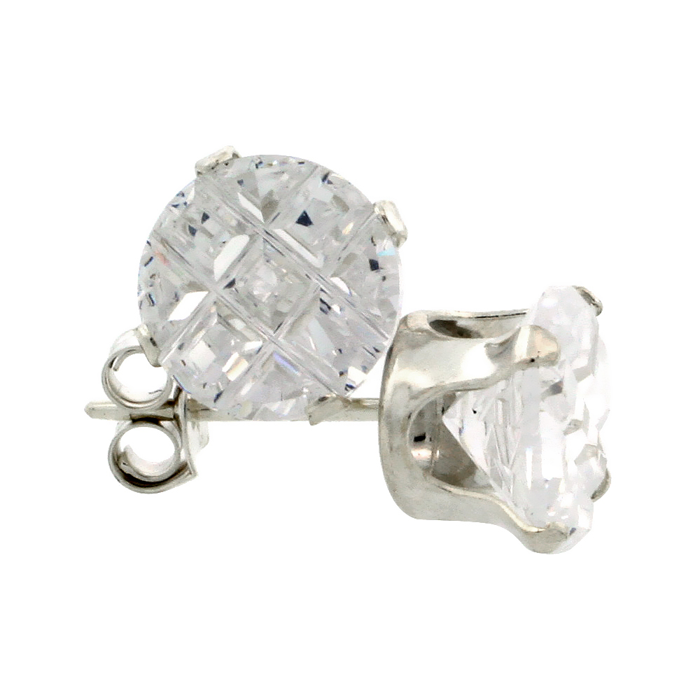 3 Pair Set Sterling Silver Cubic Zirconia Earrings Studs 7 mm Round Invisible Cut 2.5 carat/pair