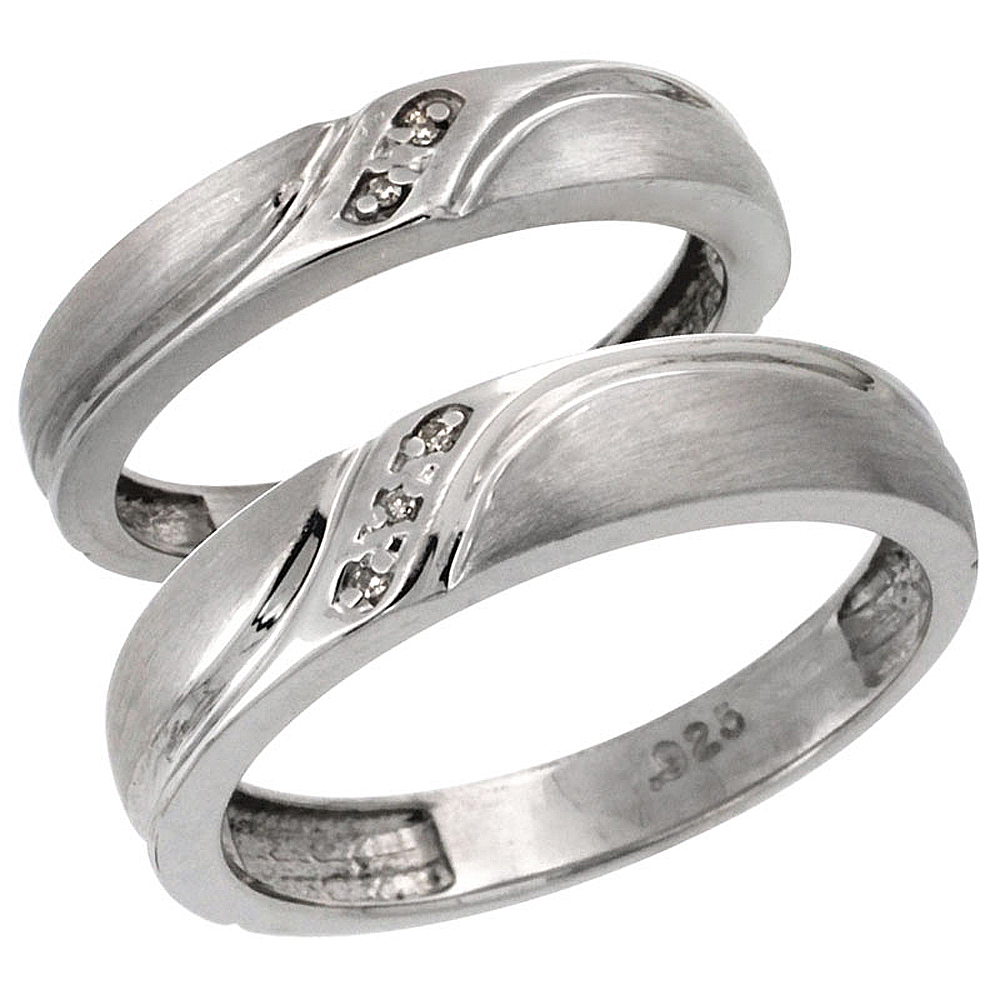 Sterling Silver 2-Pc His (5mm) & Hers (4mm) Diamond Wedding Ring Band Set w/ 0.032 Carat Brilliant Cut Diamonds (Ladies' Sizes 5 to 10; Men's Sizes 8 to 14)