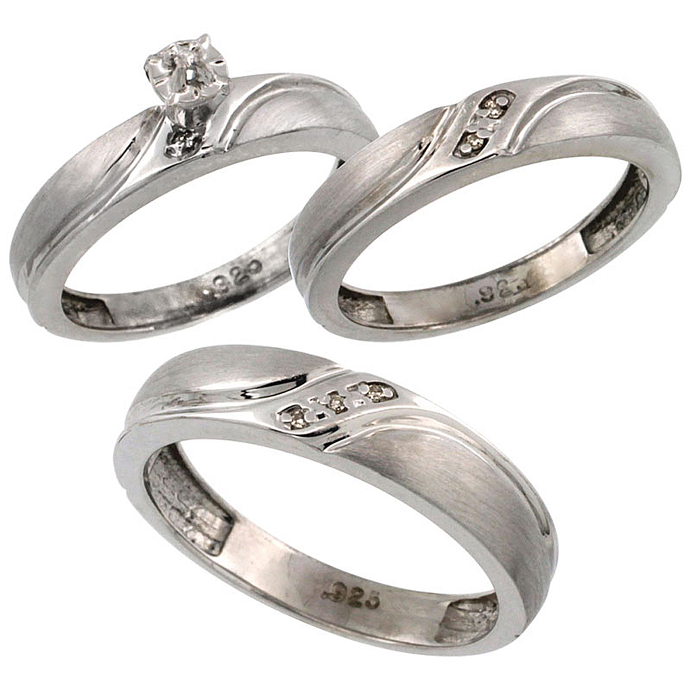 Sterling Silver 3-Pc. Trio His (5mm) & Hers (4mm) Diamond Wedding Ring Band Set, w/ 0.062 Carat Brilliant Cut Diamonds (Ladies' Sizes 5-10; Men's Sizes 8 to 14)