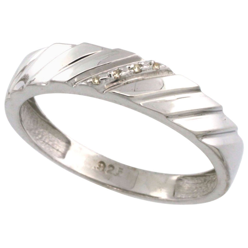 Sterling Silver Men's Diamond Wedding Ring Band, w/ 0.026 Carat Brilliant Cut Diamonds, 3/16 in. (5mm) wide
