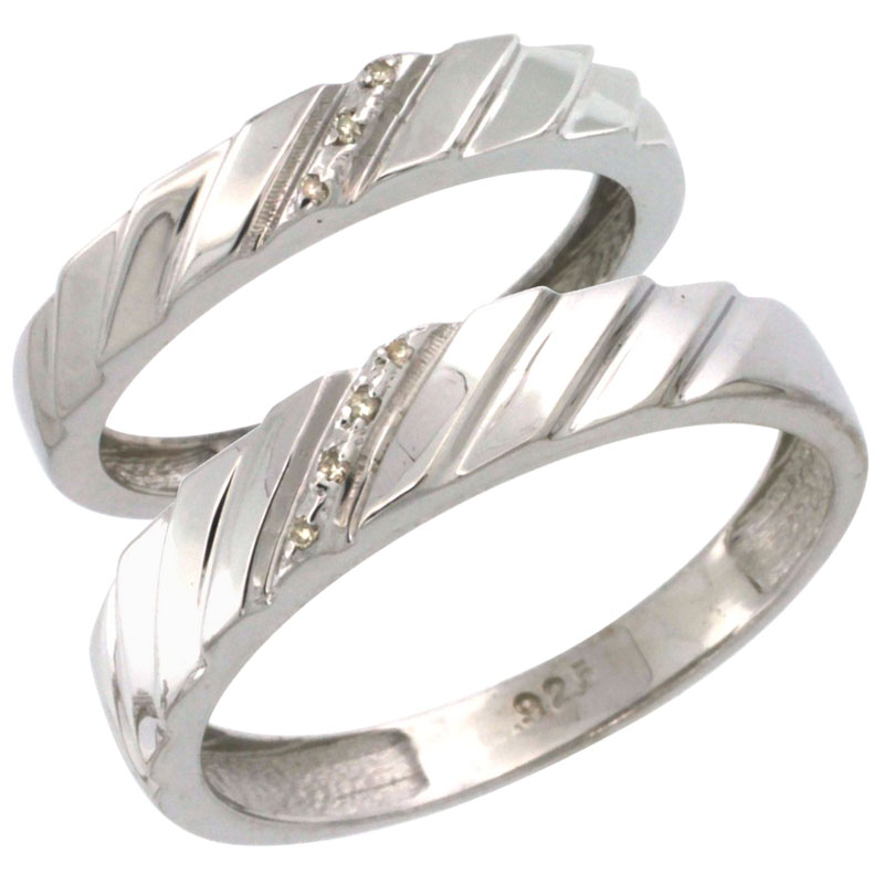 Sterling Silver 2-Pc His (5mm) & Hers (4mm) Diamond Wedding Ring Band Set w/ 0.045 Carat Brilliant Cut Diamonds (Ladies' Sizes 5 to 10; Men's Sizes 8 to 14)