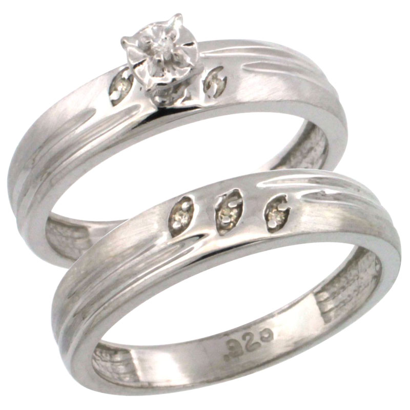 Sterling Silver 2-Pc Diamond Engagement Ring Set w/ 0.049 Carat Brilliant Cut Diamonds, 5/32 in. (4.5mm) wide