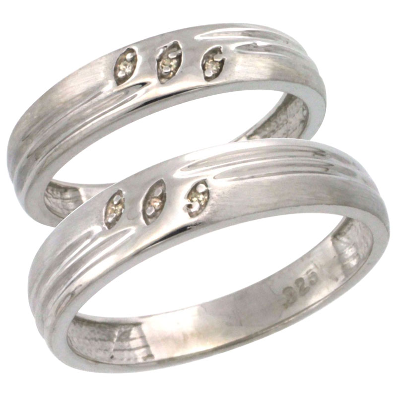 Sterling Silver 2-Pc His (5mm) & Hers (4.5mm) Diamond Wedding Ring Band Set w/ 0.045 Carat Brilliant Cut Diamonds (Ladies' Sizes 5 to 10; Men's Sizes 8 to 14)