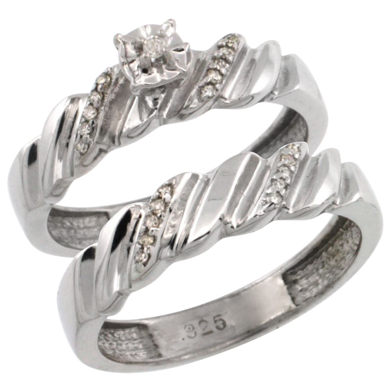 Sterling Silver 2-Pc Diamond Engagement Ring Set w/ 0.143 Carat Brilliant Cut Diamonds, 5/32 in. (5mm) wide