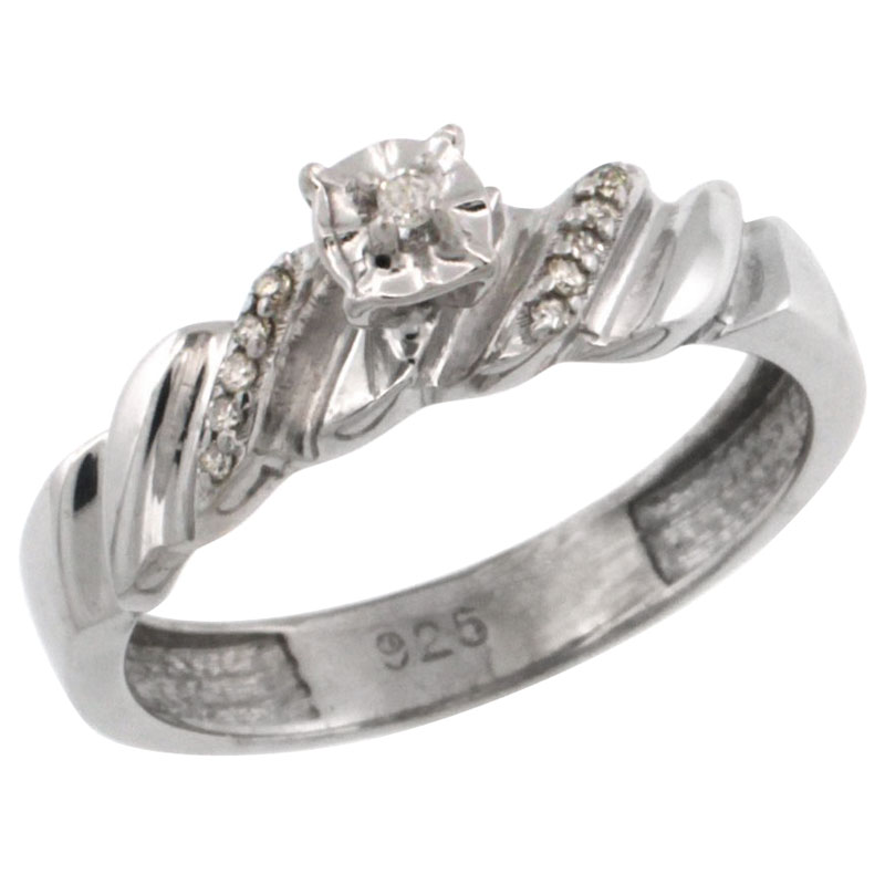 Sterling Silver Diamond Engagement Ring w/ 0.08 Carat Brilliant Cut Diamonds, 5/32 in. (5mm) wide