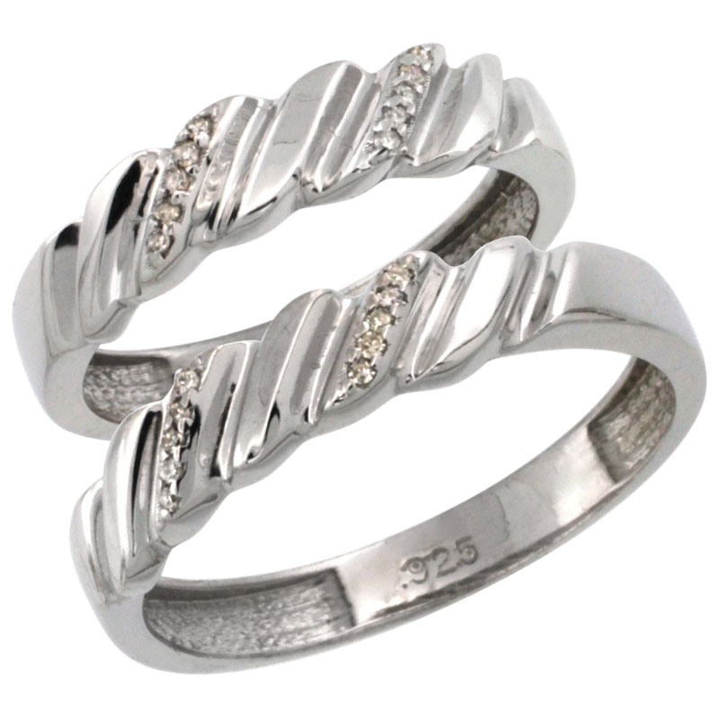 Sterling Silver 2-Pc His (5mm) & Hers (5mm) Diamond Wedding Ring Band Set w/ 0.126 Carat Brilliant Cut Diamonds (Ladies' Sizes 5 to 10; Men's Sizes 8 to 14)