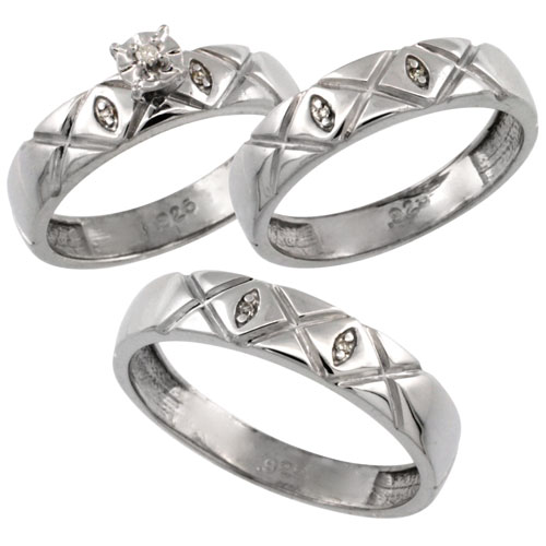 Sterling Silver 3-Pc. Trio His (5mm) & Hers (5mm) Diamond Wedding Ring Band Set, w/ 0.20 Carat Brilliant Cut Diamonds (Ladies' Sizes 5-10; Men's Sizes 8 to 14)