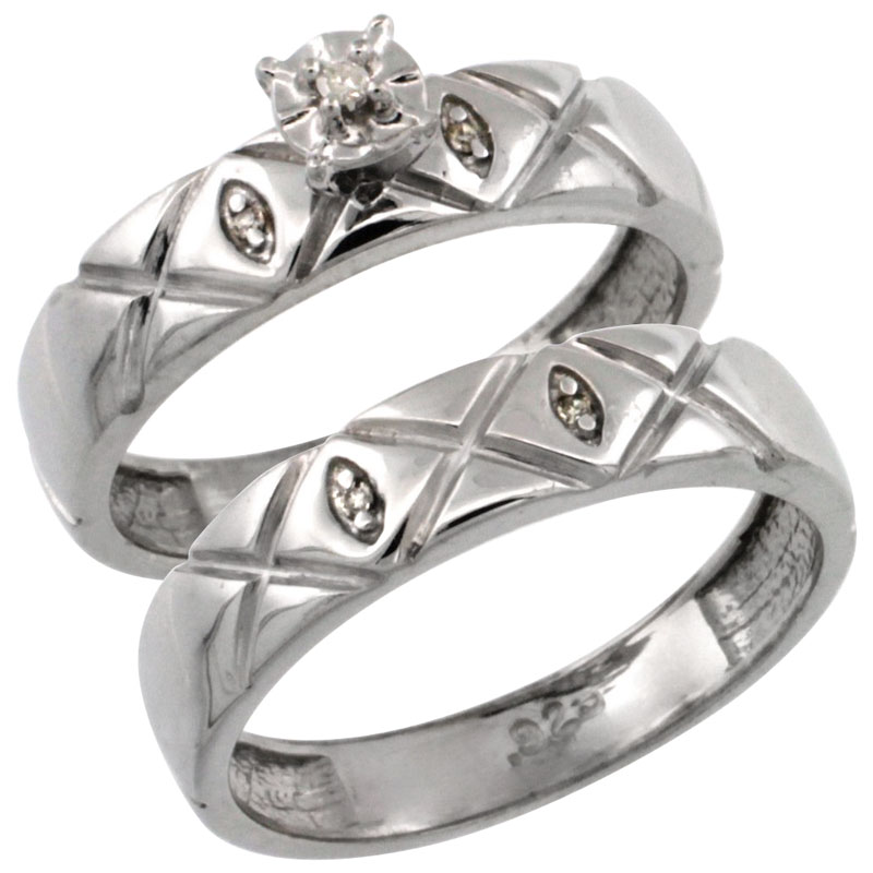 Sterling Silver 2-Pc Diamond Engagement Ring Set w/ 0.043 Carat Brilliant Cut Diamonds, 5/32 in. (4.5mm) wide