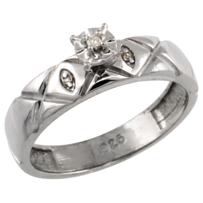 Sterling Silver Diamond Engagement Ring w/ 0.03 Carat Brilliant Cut Diamonds, 5/32 in. (4.5mm) wide