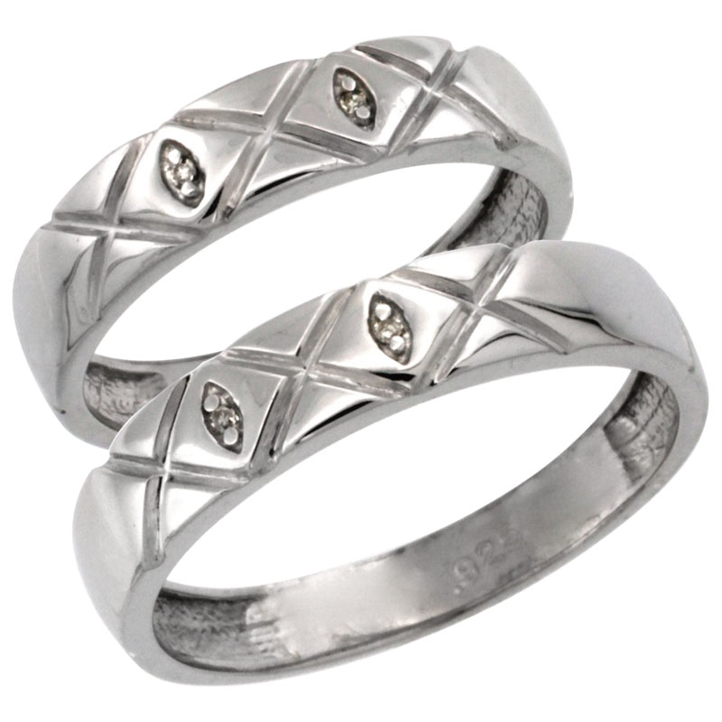 Sterling Silver 2-Pc His (5mm) & Hers (4.5mm) Diamond Wedding Ring Band Set w/ 0.026 Carat Brilliant Cut Diamonds (Ladies' Sizes 5 to 10; Men's Sizes 8 to 14)